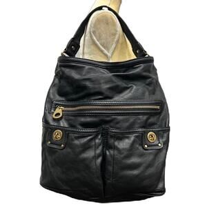 Marc Jacobs Hobo Shoulder Bag Black Leather Front LG Zip & 2TURN Lock Pockets